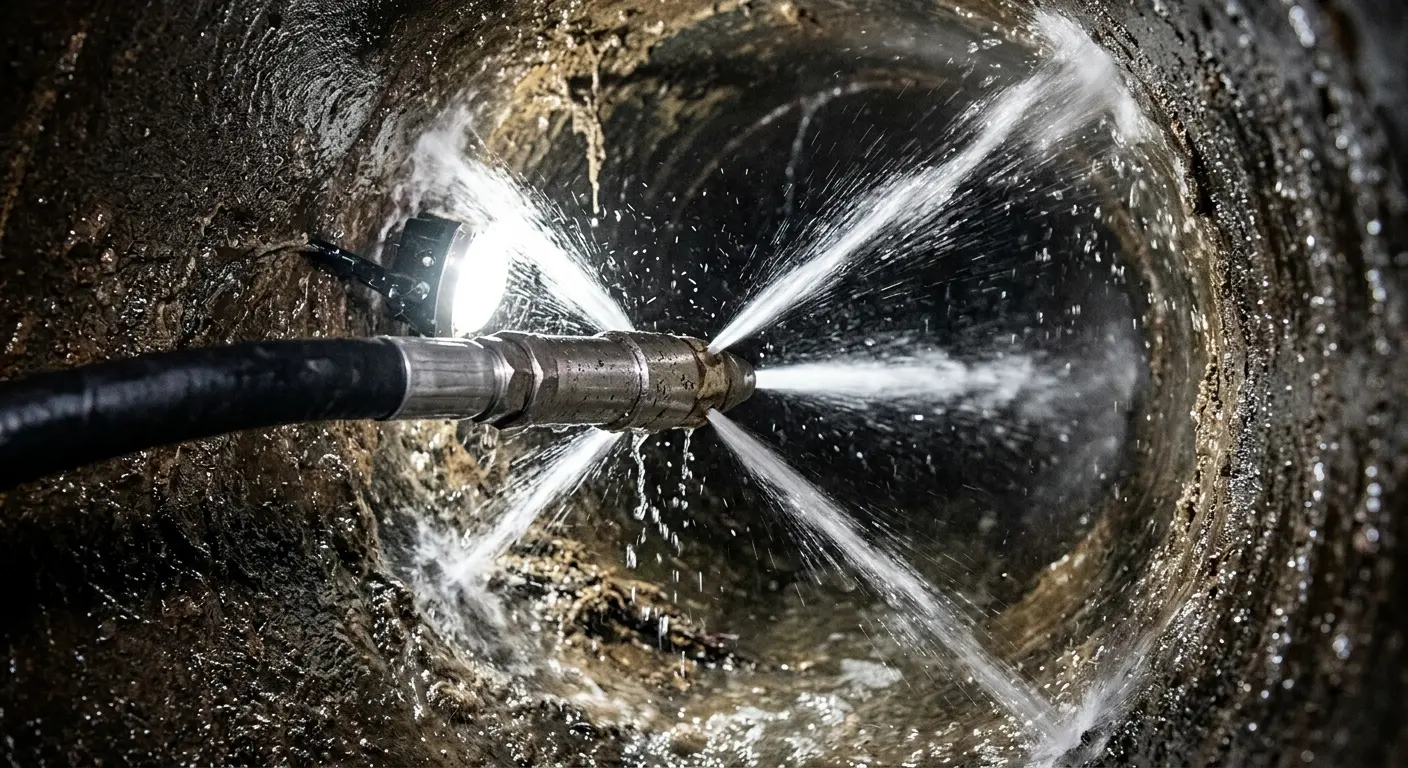 High-pressure hydro jetting nozzle cleaning sewer pipe for Trenchless Sewer Repair in Belgrade