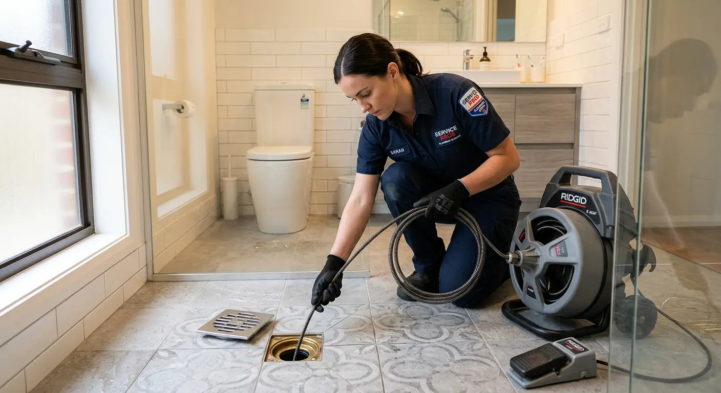 Technician clearing a bathroom floor drain for Sewer Line Replacement in Belgrade